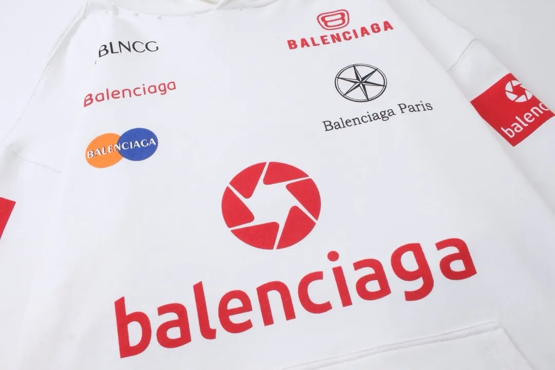 🅿️320 real photos [Top version. Official website quality] BALENCI*GA/Paris BALENCI*GA#2024 latest model, many classic full LOGO racing suits printed ready-to-wear worn hooded sweatshirts and brick cabinets synchronized. Genuine products are developed and developed in the first time. Welcome to compare! The fabric is made of Paris ZP custom-woven and dyed cotton sweatshirt. The weight is 450 grams. The cloth surface is clean. The cloth pattern is clear. It is soft and comfortable. It has good color fastness and is not easy to change color. The threads are woven and dyed with no color difference. The printing is done by computer direct printing, with a three-dimensional effect. The garments are distressed and worn, with ultra-high craftsmanship. The version adopts the OS loose shoulder style. Same style for men and women. Coding: BL238009 Color: white, dark blue gray Size: XS S M L