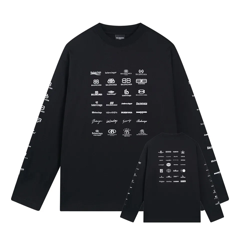 🅿️240 BALENCI*GA Paris full-print LOGO letter style long sleeves. The fabric is made of Paris custom-woven and dyed double yarn pure cotton fabric. The weight is 280g. The thread is custom-woven and dyed without color difference. The front and back panels are made of environmentally friendly dot offset printing. Two high-temperature setting washes. os dropped shoulders and loose version. Same style for men and women -Color: black ivory -SIZE: XS S M L Style No. 8612#