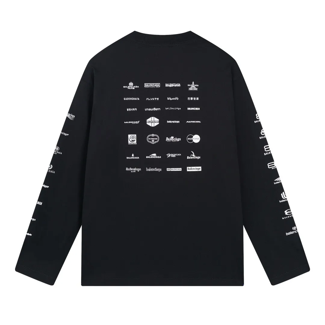 🅿️240 BALENCI*GA Paris full-print LOGO letter style long sleeves. The fabric is made of Paris custom-woven and dyed double yarn pure cotton fabric. The weight is 280g. The thread is custom-woven and dyed without color difference. The front and back panels are made of environmentally friendly dot offset printing. Two high-temperature setting washes. os dropped shoulders and loose version. Same style for men and women -Color: black ivory -SIZE: XS S M L Style No. 8612#