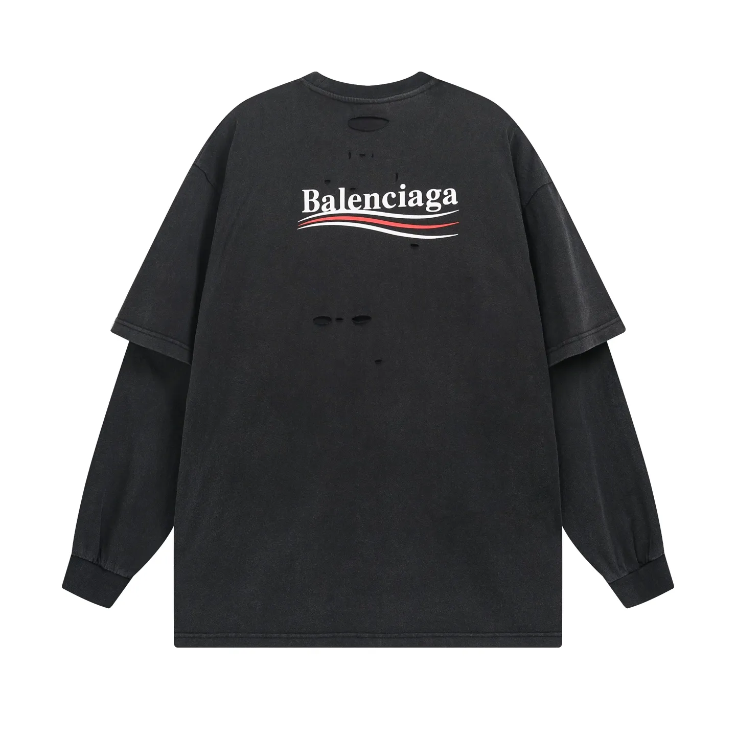 🅿️320 BALENCI*GA 25 Paris Coke letters worn fake two-piece long-sleeved T-shirt. The printing is made of environmentally friendly imported materials. Ready-made clothes are washed. Hand-made master positioning and worn. Overweight craftsmanship. The letters are clear. The effect is three-dimensional. Exclusively pattern-woven and dyed 280g fabric. Threads are dyed in the same cylinder with zero color difference. The version adopts OS loose shoulder design. Welcome to compare. Same style for men and women -Color: washed black -SIZE: Xs S M L style number 8636