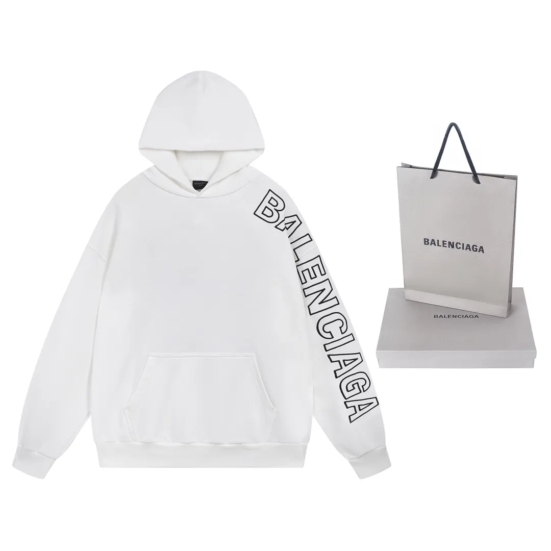 🅿️320 detailed pictures [Top version. Official website quality] BALENCI*GA/Paris BALENCI*GA#2024 latest model, Paris classic letter large LOGO embroidered hooded sweatshirt. Brick cabinet synchronization. Genuine products are developed and developed as soon as possible, welcome to compare! The fabric is made of Paris ZP custom-woven and dyed cotton terry sweatshirt. The weight is 450 grams. The cloth surface is clean. The cloth pattern is clear. It is soft and comfortable. It has good color fastness and is not easy to change color. The threads are woven and dyed with no color difference. The embroidery is done using imported Tajima embroidery machines. Super W needle thread embroidery, accurate positioning, three-dimensional effect, clear lines. No burrs and miscellaneous threads, ultra-high craftsmanship embroidery. The version adopts OS loose shoulder design. Same style for men and women. Code: BL238015 Color: Black. White Size: XS S M L