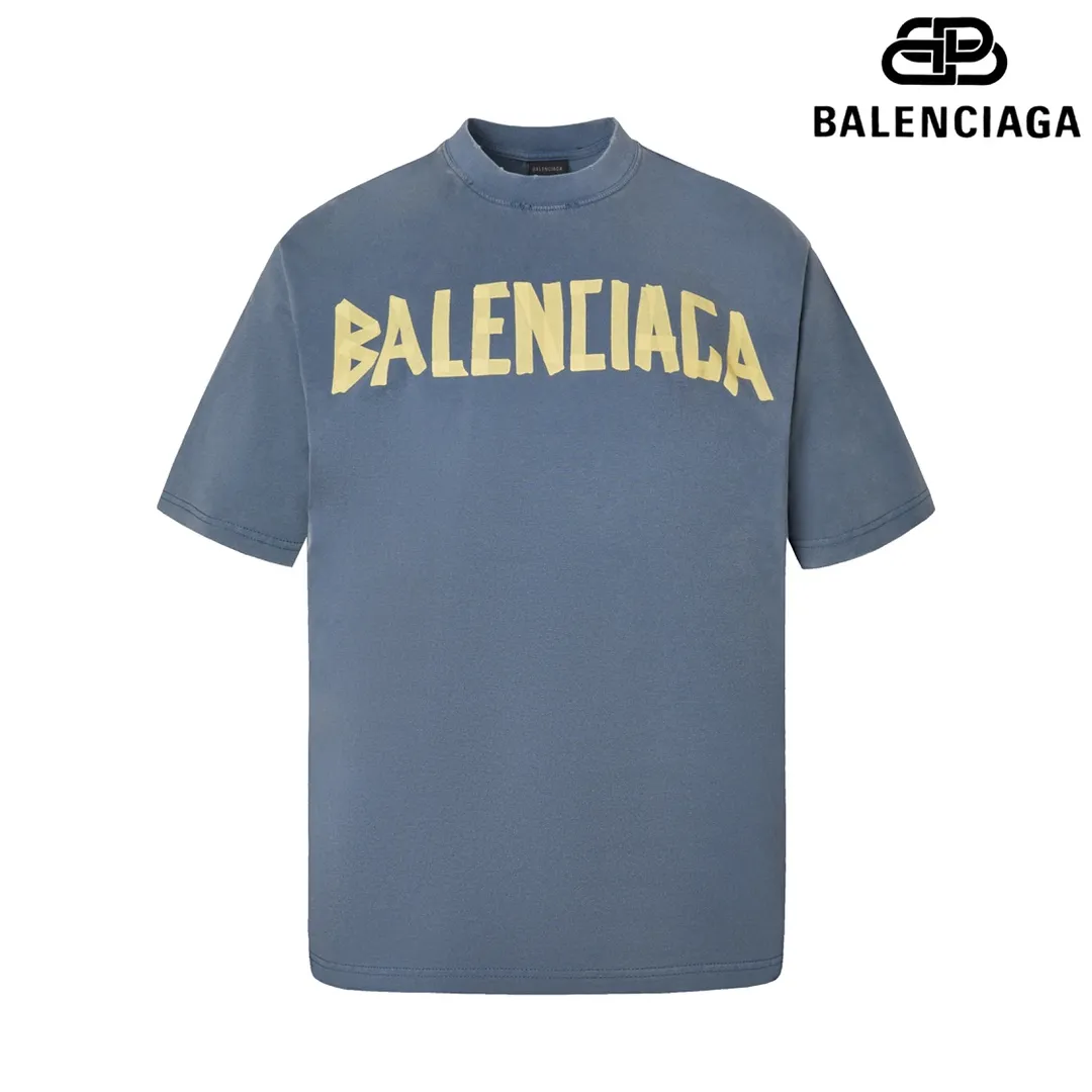 🅿️180 9110# Detailed picture Top version [[BALENCIA*GA] Official website quality Paris new yellow tape bandage digital direct spray short-sleeved T-shirt OS version Loose dropped shoulders Same style for men and women Fabric: 260 grams 100% cotton double yarn Process: Front and rear digital direct spray Garment wash Frayed Distressed Styling Solid color Color: gray blue white washed blue burgundy green black silver Rose Red Khaki Size: XS S M L