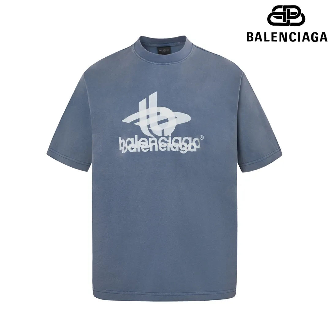 🅿️170 9115# Detailed picture Top version [[BALENCIA*GA] official website quality Paris new phantom double LOGO printed short-sleeved T-shirt OS version Loose dropped shoulders Unisex style Fabric: 260g 100% cotton double yarn Process: front and rear panel printing Garment wash Distressed solid color Color: washed blue Size: XS S M L