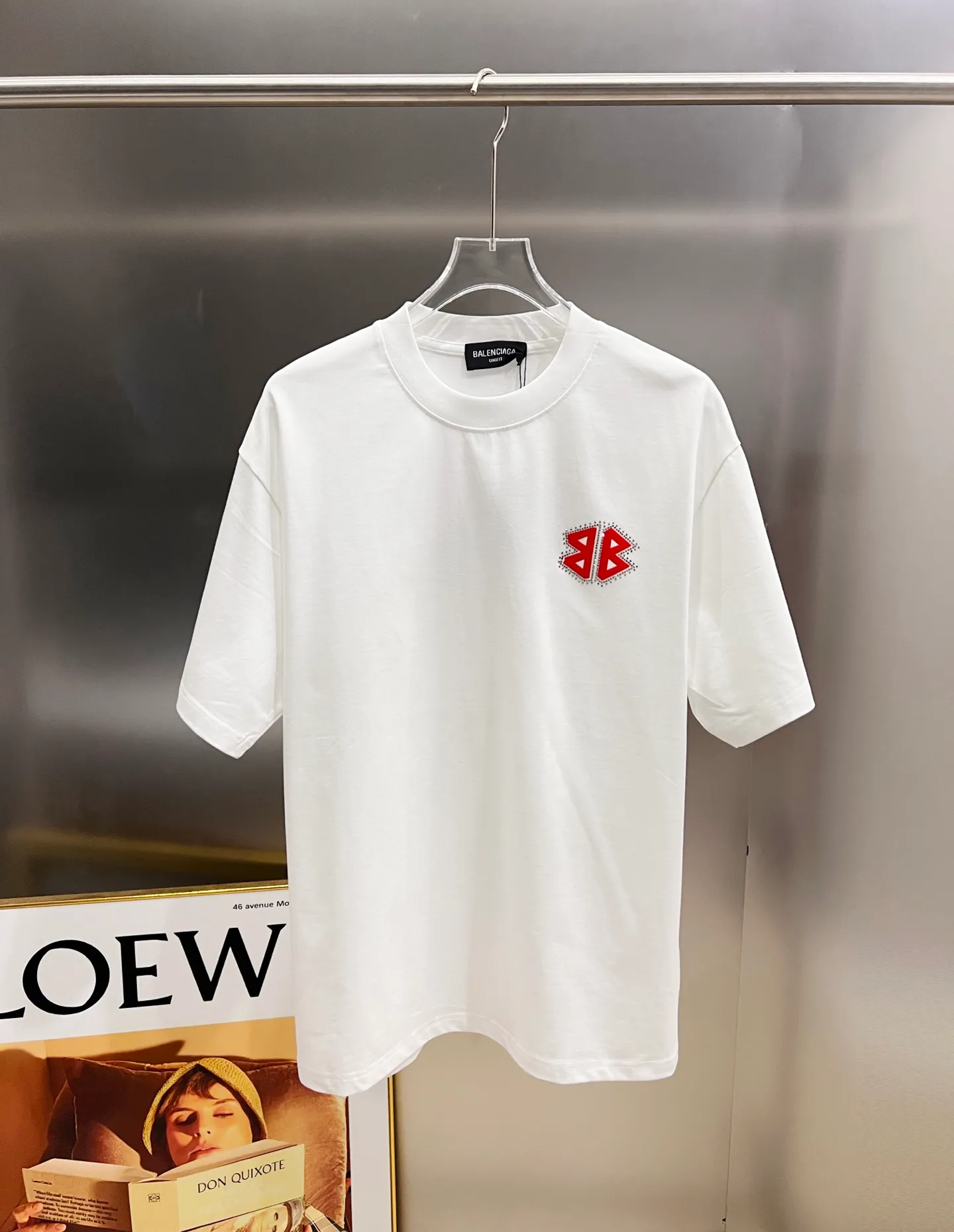 🅿️190 BAL Balenciaga 2025 autumn and winter new short-sleeved T-shirt, classic logo printing + hot diamond process, same style for men and women, loose version, S M L XL XXL, five sizes, color: black, white, Angora red