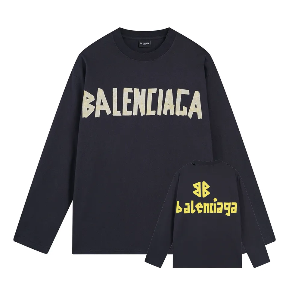 🅿️250 BALENCI*GA Paris tape series printed washed distressed long sleeves. The fabric is made of 280g Paris-specific double yarns*high weight 1:1 double yarn rib. The front and rear panels are made of imported Kornray machine direct-injection printing technology. Distressing + multi-position cutting and wear-making process. Two high-temperature shaping washes. os dropped shoulders and loose version. Same style for men and women -Color: off-white, iron gray, burgundy, green, black blue, fog blue -SIZE: XS S M L style number 8602#