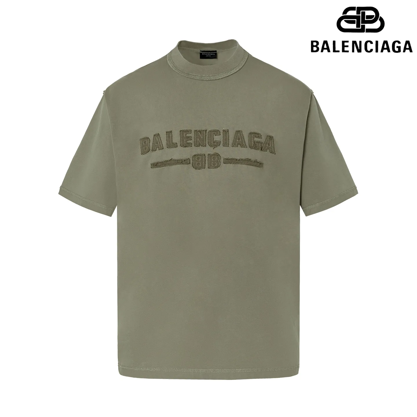 🅿️190 9181# Detailed picture Top version [[BALENCIA*GA] official website quality Paris new letter LOGO chest patch embroidery short-sleeved T-shirt OS version Loose dropped shoulders Unisex style Fabric: 260g 100% cotton double yarn Technology: Front patch embroidery Reverse stitching Garment wash Distressed Shaping Solid color Color: Washed black, fog blue, green Size: XS S M L