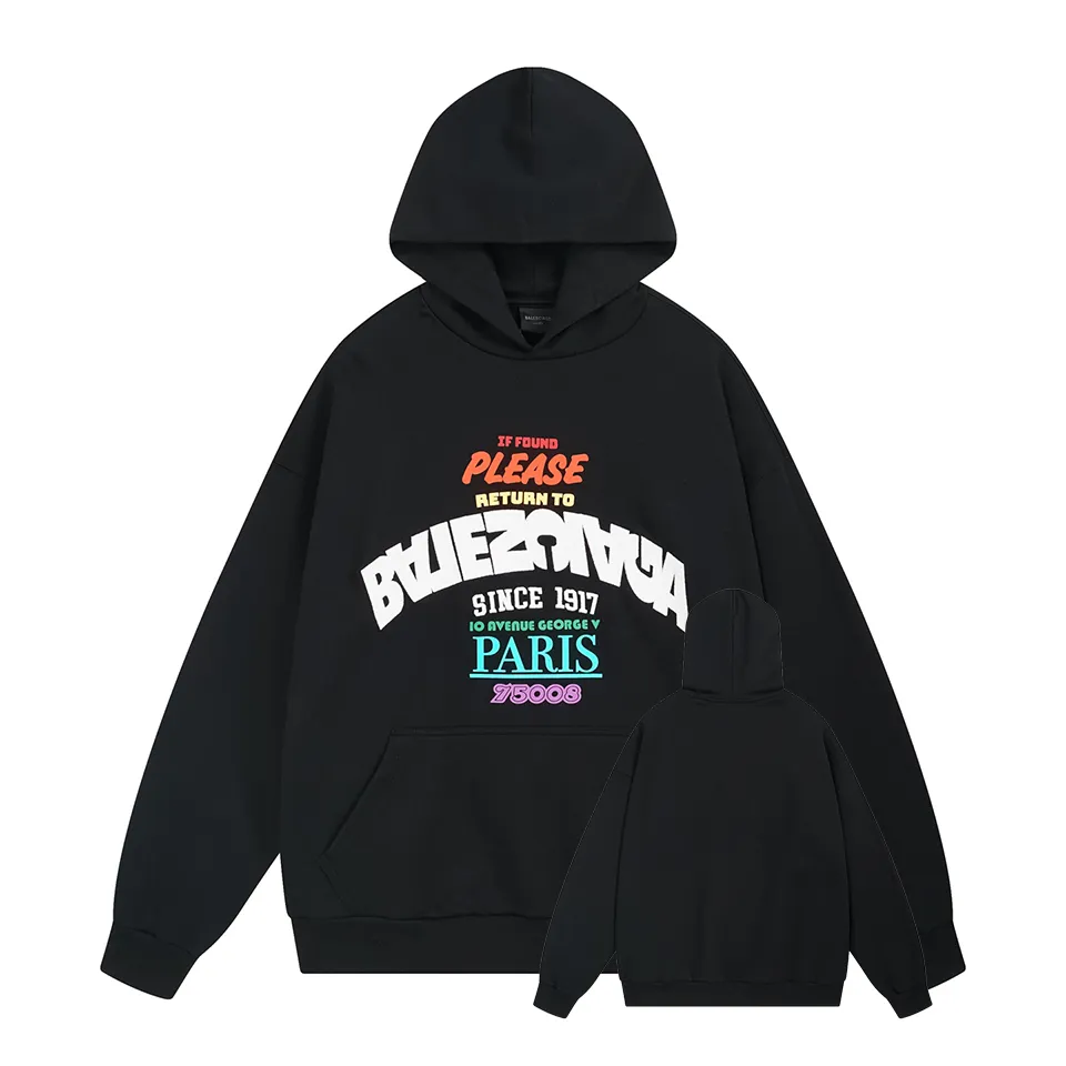 🅿️350 BALENCI*GA Paris inverted LOGO style hooded sweatshirt. The front embroidery uses imported Tajima embroidery machines and environmentally friendly glue color printing technology. Customized matching hardware. The letters are clear. The effect is three-dimensional. Exclusively matched to the pattern, woven and dyed 460g fabric. Threads are dyed in the same vat with zero color difference. Brick cabinet synchronization. Welcome to compare. Same style for men and women -Color: black -SIZE: Xs S M L Style number 8988#