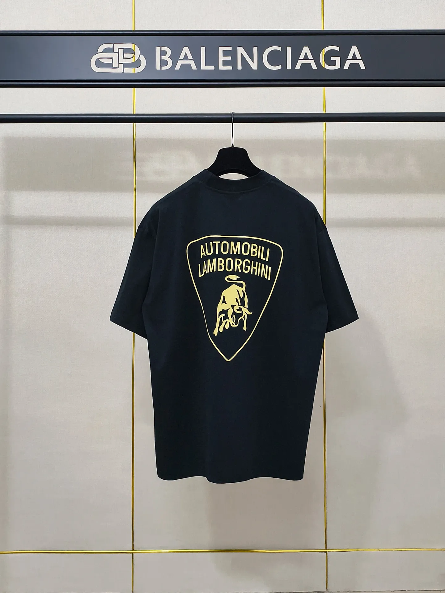 🅿️160 9192# Detailed picture Top version [[BALENCIA*GA] official website quality Paris new co-branded Lamborghini Lamborghini printed short-sleeved T-shirt OS version Loose dropped shoulders Unisex Fabric: 260 grams 100% cotton double yarn Process: front and rear panel printing Garment wash Shape solid color Color: black Size: XS S M L
