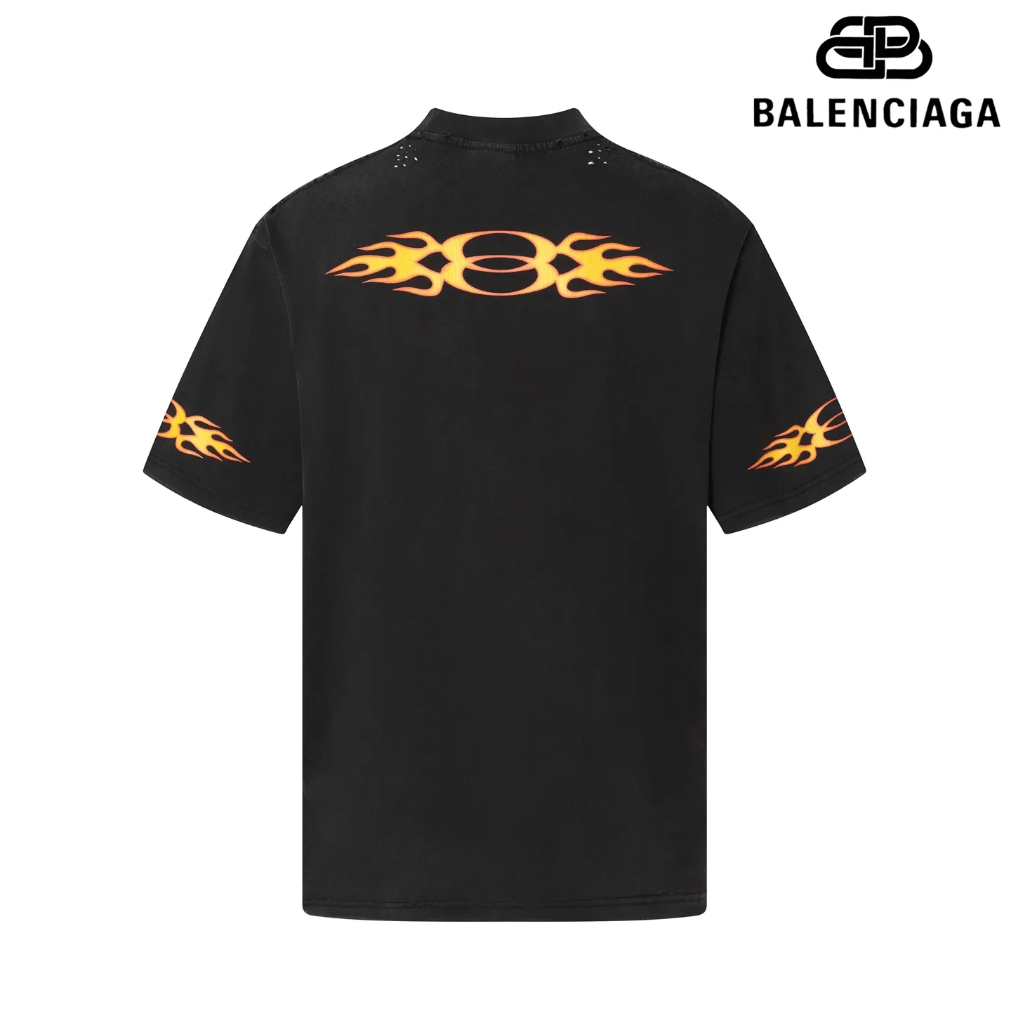 🅿️190 9145# Detailed picture Top version [[BALENCIA*GA] official website quality Paris new double-ring flame torch direct injection printed washed and distressed short-sleeved T-shirt OS version Loose dropped shoulders Unisex fabric: 260 grams 100% cotton double yarn Process: front and rear panels left and right sleeve printing Garment washed worn distressed fixed color Color: washed black washed blue Size: XS S M L
