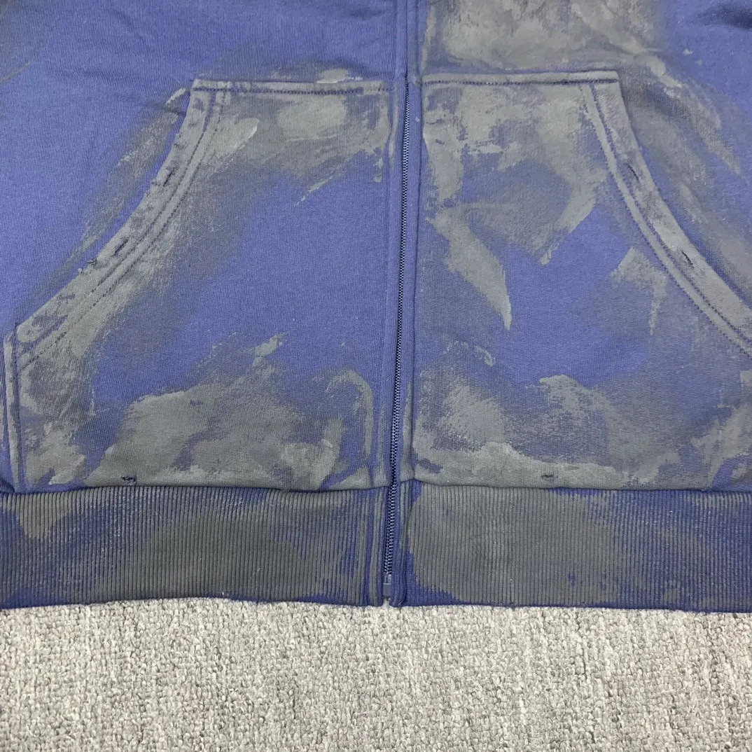 Details added————The top tested version Balenciaga Paris co-branded Lauren Raff mustang war horse embroidered flag muddy distressed dirty zipper cardigan sweatshirt #custom-woven Paris fabric 480g. The zipper is matched with a custom logo. Imported Tajima machines are used to embroider large-area heavy-duty high-density embroidery effects to make the embroidery more three-dimensional. The back is printed with imported glue. The ready-made garments are hand-ground and irregularly applied with mud to create a mud effect. Each piece of clothing needs to be coated three times, with an hour's interval between each coat to allow the coating to dry completely to ensure that the printing will not stick together. Exclusive and high quality due to heavy work and time consuming labor.   Color: Dark Blue Size: XS-L P:510