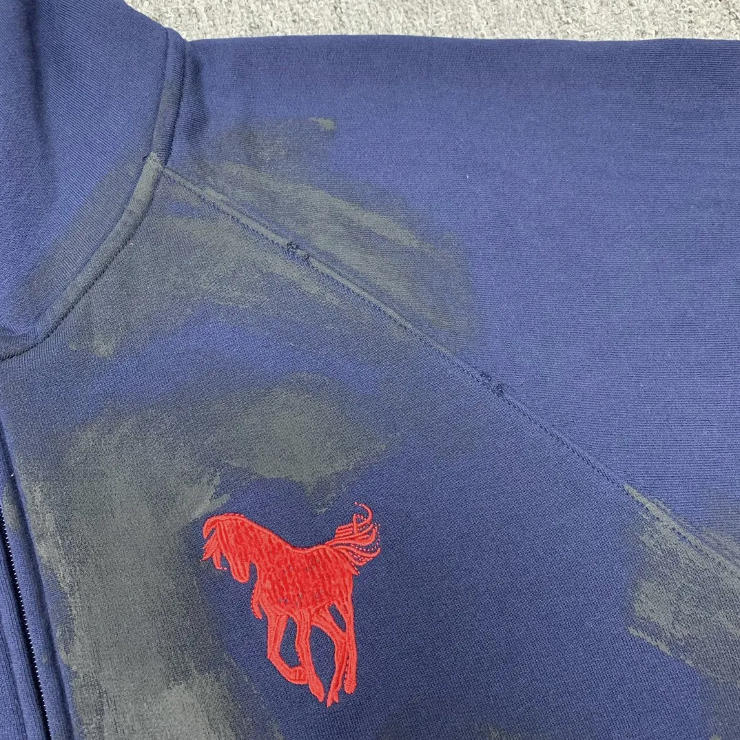 Details added————The top tested version Balenciaga Paris co-branded Lauren Raff mustang war horse embroidered flag muddy distressed dirty zipper cardigan sweatshirt #custom-woven Paris fabric 480g. The zipper is matched with a custom logo. Imported Tajima machines are used to embroider large-area heavy-duty high-density embroidery effects to make the embroidery more three-dimensional. The back is printed with imported glue. The ready-made garments are hand-ground and irregularly applied with mud to create a mud effect. Each piece of clothing needs to be coated three times, with an hour's interval between each coat to allow the coating to dry completely to ensure that the printing will not stick together. Exclusive and high quality due to heavy work and time consuming labor.   Color: Dark Blue Size: XS-L P:510