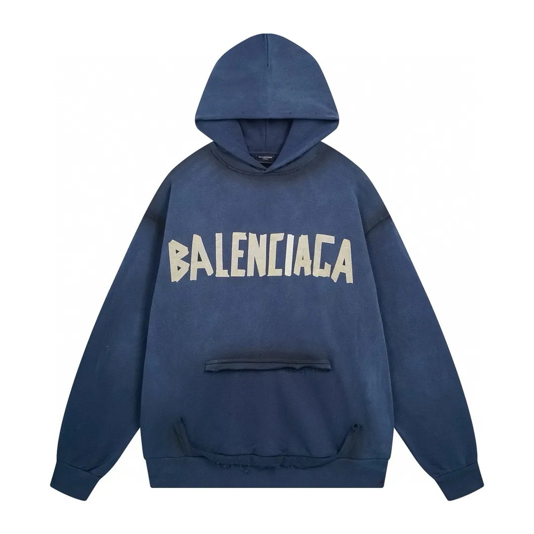 🅿️420 BALENCI*GA 24ss Paris hot-selling tape hooded sweatshirt. The front and back panels are printed with tape direct printing. Many hand-made. The ready-made garments are washed and worn. The cloth surface is clean. The cloth pattern is clear, super heavy work. Soft and comfortable. Exclusively pattern-woven and dyed 450g fabric. The threads are dyed in the same cylinder with zero color difference. Different from the market currency. The version adopts os loose shoulder version. Welcome to compare. Same style for men and women -Color: iron gray blue Paris blue washed black burgundy fluorescent yellow green khaki -SIZE: XS S M L style number 8912#