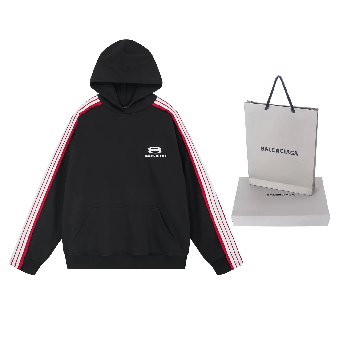 🅿️370 Detailed picture [Top version. Official website quality] BALENCI*GA/Paris SS25 latest model, shoulder sleeves color matching, tie strips, classic double-ring LOGO hooded sweatshirt embroidered on the front left chest, synchronized with brick cabinets, developed at the first time. The fabric is made of Paris ZP custom-woven and dyed cotton sweatshirt. Weighing 460 grams, the cloth surface is clean. The cloth pattern is clear, soft and comfortable. The threads are dyed with no color difference. The classic pattern embroidery is embroidered using an imported Tajima embroidery machine. The letters are clear, three-dimensional and without burrs. Shoulder sleeves with color tie strips, fashionable and classic. Jubie market produces pictures based on pictures. Welcome to compare. The version adopts OS loose shoulder design. Same style for men and women. Code: BL259903 Color: black, white Size: XS S M L