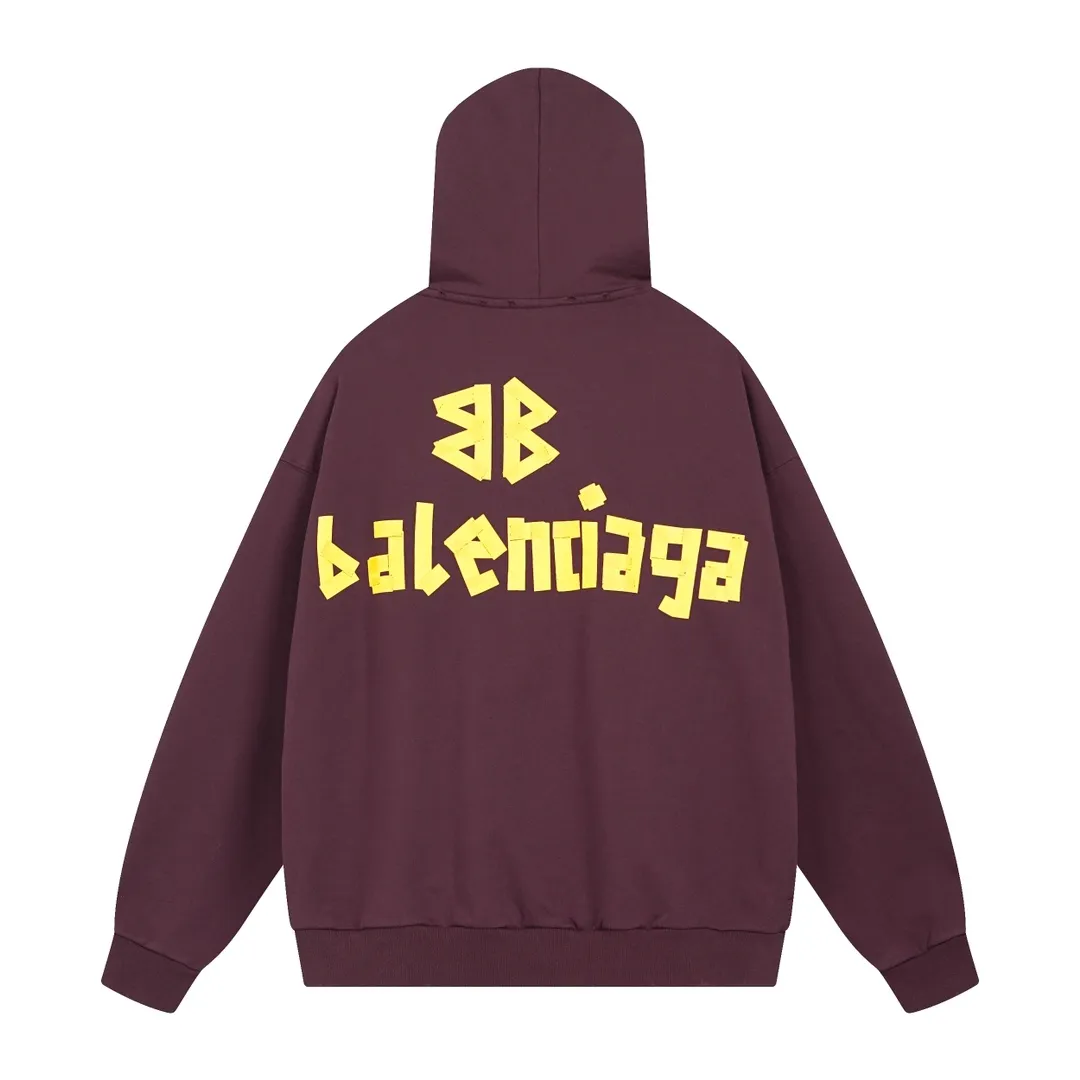 🅿️420 BALENCI*GA 24ss Paris hot-selling tape hooded sweatshirt. The front and back panels are printed with tape direct printing. Many hand-made. The ready-made garments are washed and worn. The cloth surface is clean. The cloth pattern is clear, super heavy work. Soft and comfortable. Exclusively pattern-woven and dyed 450g fabric. The threads are dyed in the same cylinder with zero color difference. Different from the market currency. The version adopts os loose shoulder version. Welcome to compare. Same style for men and women -Color: iron gray blue Paris blue washed black burgundy fluorescent yellow green khaki -SIZE: XS S M L style number 8912#