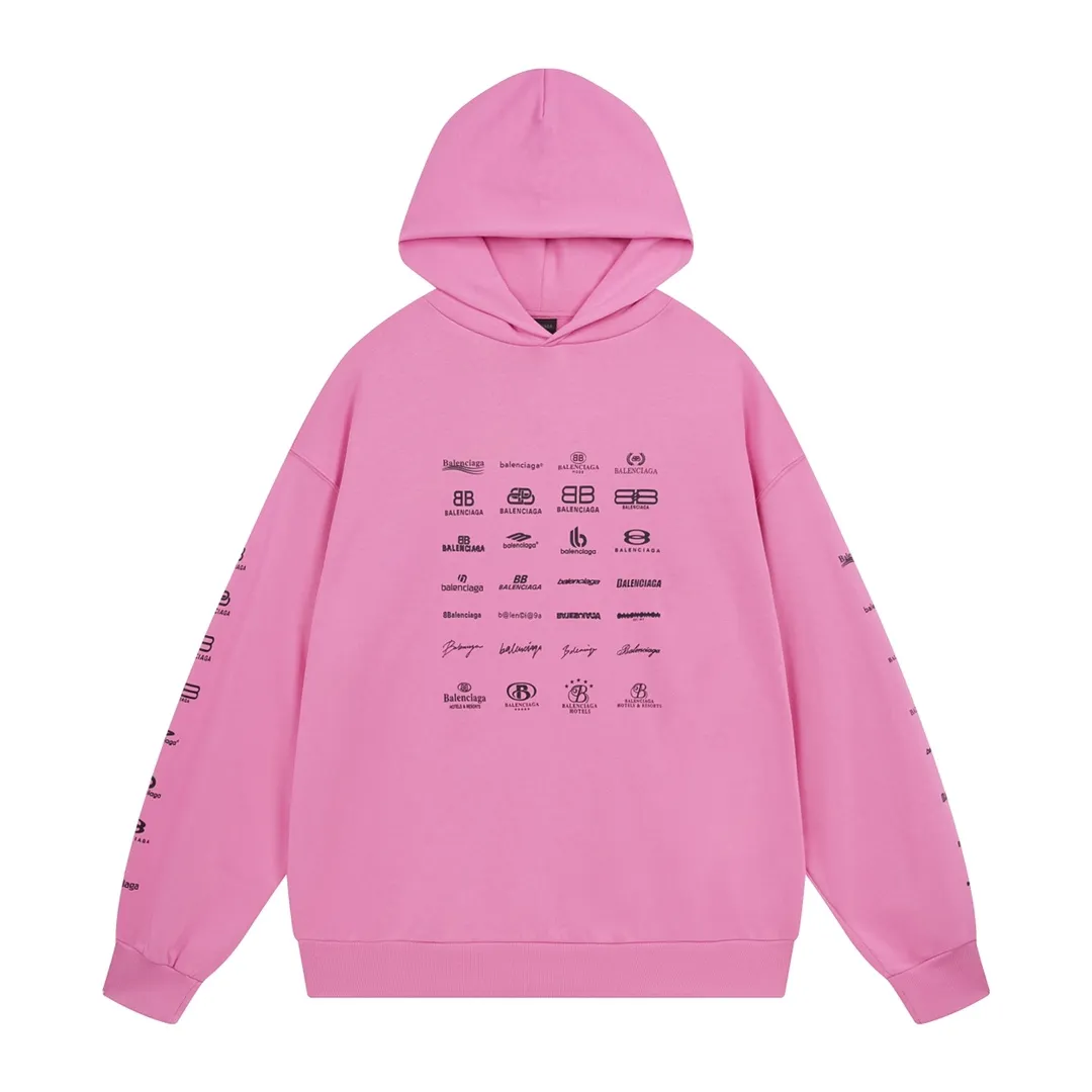 🅿️300 Detailed picture [Top version. Official website quality] BALENCI*GA/Paris BALENCI*GA#2023 spring and summer new style, long-sleeved sweatshirt with classic LOGO printed all over it. 2023 autumn and winter new product. Brick cabinet synchronization. The fabric is made of Paris ZP custom-woven and dyed cotton double yarn sweatshirt. The weight is 450 grams, the cloth surface is clean. The cloth texture is clear. Soft and comfortable. Good color fastness. Not easy to change color. The threads are woven and dyed with no color difference. The printing uses imported environmentally friendly rubber paddles, precision stencils, fine LOGO letters, clear letters, no burrs, and a three-dimensional effect. Restore brick cabinet. The version adopts OS loose shoulder style. Same style for men and women. Code: BL238002 Color: black, beige, pink, smoke gray. Size: XS S M L