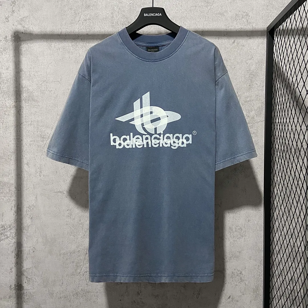 🅿️170 9115# Actual photo top version [[BALENCIA*GA] official website quality Paris new phantom double LOGO printed short-sleeved T-shirt OS version loose dropped shoulders Unisex style Fabric: 260g 100% cotton double yarn Process: front and back printing Garment wash Distressed solid color Color: washed blue Size: XS S M L