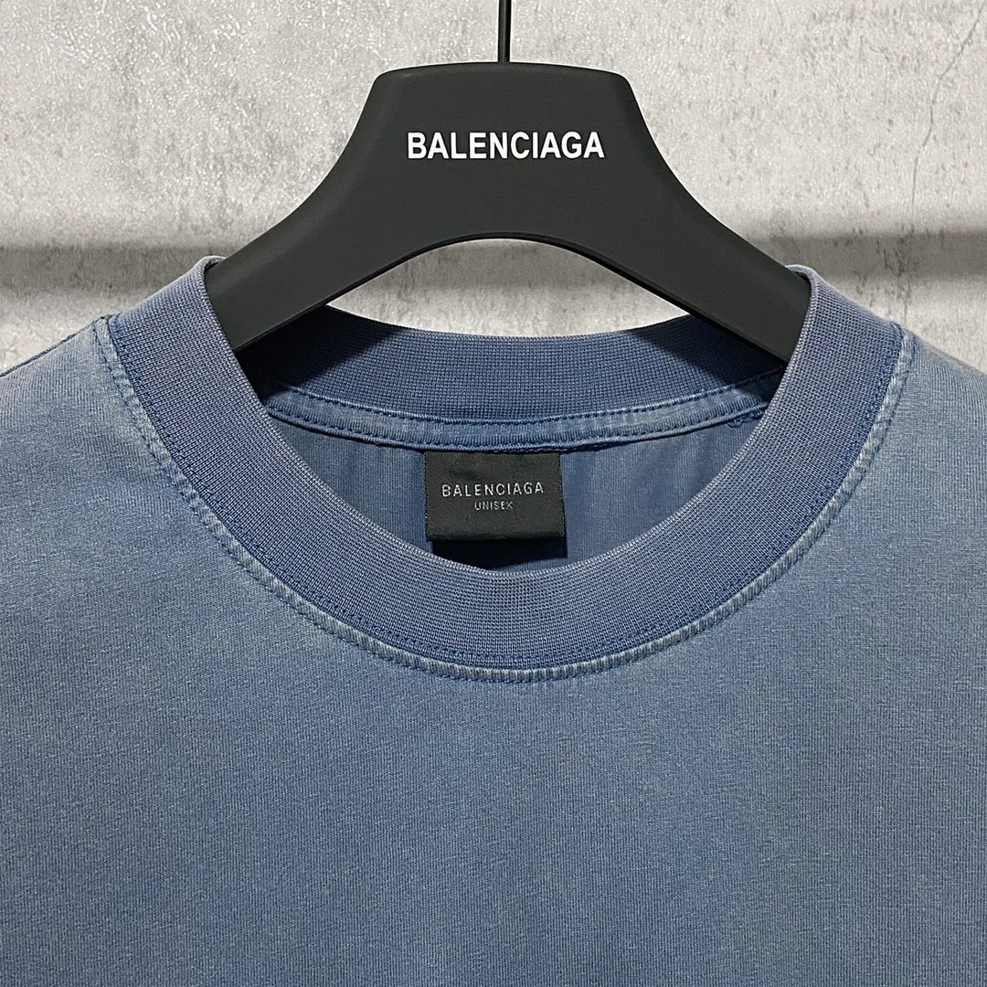 🅿️170 9115# Actual photo top version [[BALENCIA*GA] official website quality Paris new phantom double LOGO printed short-sleeved T-shirt OS version loose dropped shoulders Unisex style Fabric: 260g 100% cotton double yarn Process: front and back printing Garment wash Distressed solid color Color: washed blue Size: XS S M L