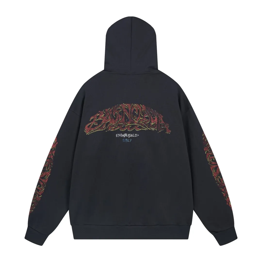 🅿️370 Detailed Picture [Top version. Official website quality] BALENCI*GA/Paris. 2024 latest flame graffiti direct-printed long-sleeved hooded zipper cardigan sweatshirt. Brick cabinet synchronization. ⚠️Difference market currency. YB development. The fabric is made of Paris ZP custom-woven and dyed 100% cotton double yarn compact cotton. The weight is 260 grams, the cloth surface is clean. The cloth pattern is clear, soft and comfortable. The threads are dyed with no color difference. The front and back printing adopts Kornit direct-injection printing pattern and adopts OS loose shoulder-dropping pattern. Same style for men and women. Code: BL238056 Color: dark gray blue. Pink Size: XS S M L