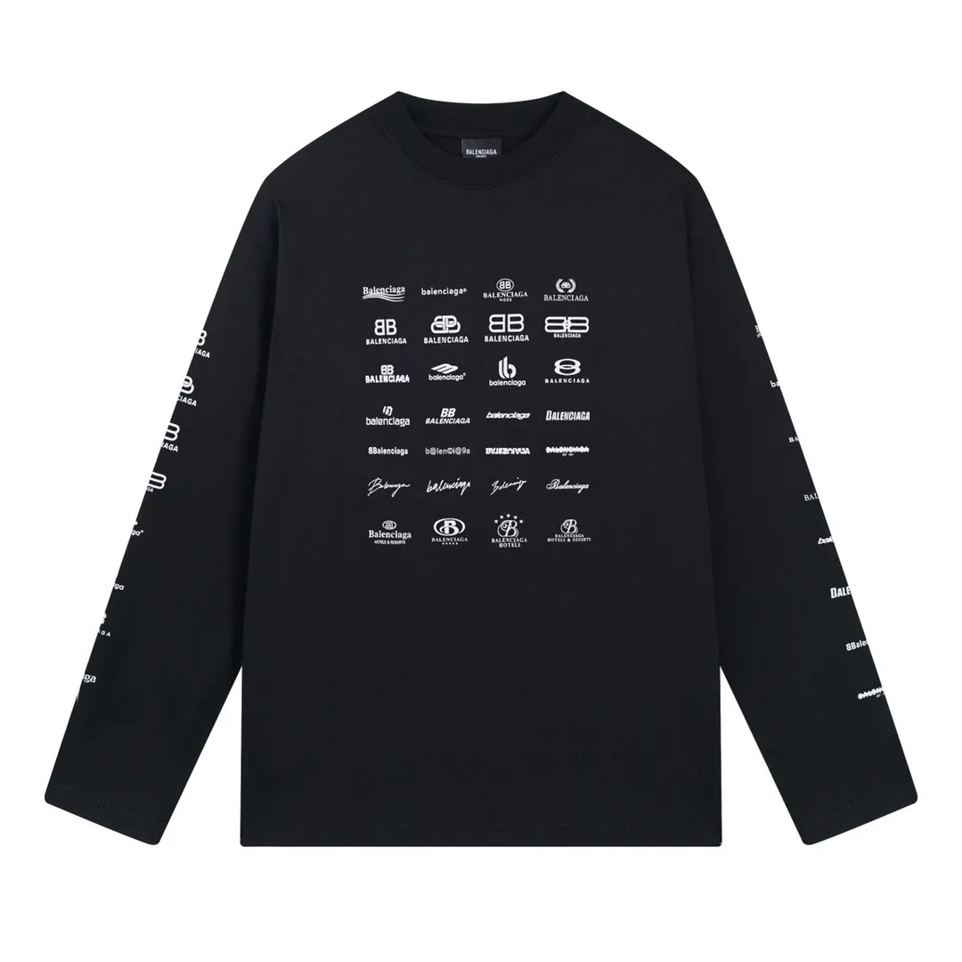 🅿️200 real photos [Top version. Official website quality] BALENCI*GA/Paris BALENCI*GA# 2024 spring and summer new style, printed with classic LOGO collection long-sleeved T-shirt. 2024 spring and summer new product. Brick cabinet synchronization. Welcome to compare. The fabric is made of Paris ZP custom-woven and dyed 100% cotton double yarn compact cotton. The weight is 260 grams, the cloth surface is clean, the cloth texture is clear, soft and comfortable. The color fastness is good. It is not easy to change color. The threads are woven and dyed with no color difference. The printing uses imported environmentally friendly rubber paddles, precision stencils, fine LOGO letters, clear letters, no burrs, and a three-dimensional effect. Restore brick cabinet. The version adopts OS loose shoulder style. Same style for men and women. Code: BL225005 Color: black, beige, pink, smoky gray, white Size: XS S M L