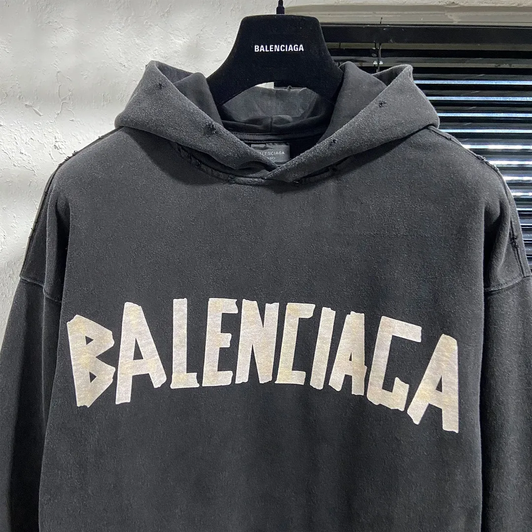 🅿️330 7153# Actual pictures Top version [BALENCIA*GA] Official website quality Paris's new yellow tape series hooded sweatshirt OS version Loose dropped shoulders Unisex style Fabric: 480g 100% cotton terry sweatshirt Technology: Front and back digital direct printing Garment wash Worn Old Shape Solid color Color: Washed black Gray blue Washed blue Size: XS S M L