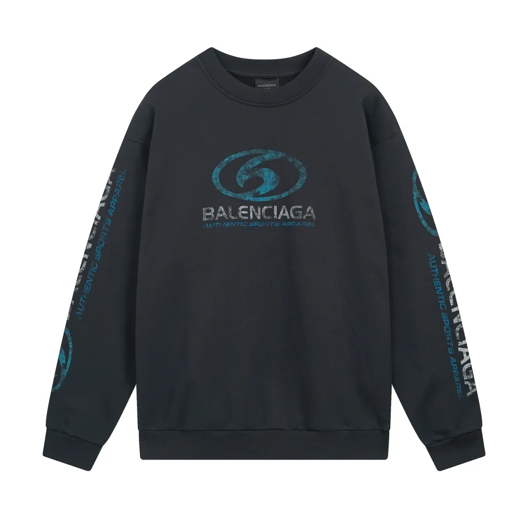 🅿️270 real photos [Top version. Official website quality] BALENCI*GA/Paris. 2024 new style. New LOGO blurry LOGO direct-injection printing ready-made worn-out round-neck sweatshirt, brick cabinet synchronization. Genuine product developed at the first time, happy to print and compare! The fabric is made of Paris ZP custom-woven and dyed cotton sweatshirt. Weighing 460 grams, the cloth surface is clean. The cloth pattern is clear, soft and comfortable. The threads are dyed with no color difference. The classic LOGO is printed using environmentally friendly imported materials, with clear straight-crack pattern letters and a three-dimensional effect. Restored brick cabinet. Ready-made clothes are washed, worn and distressed. Different market currency. Welcome to compare. The version adopts OS loose shoulder design. Same style for men and women. Code: BL235585 Color: Gray Blue Size: XS S L