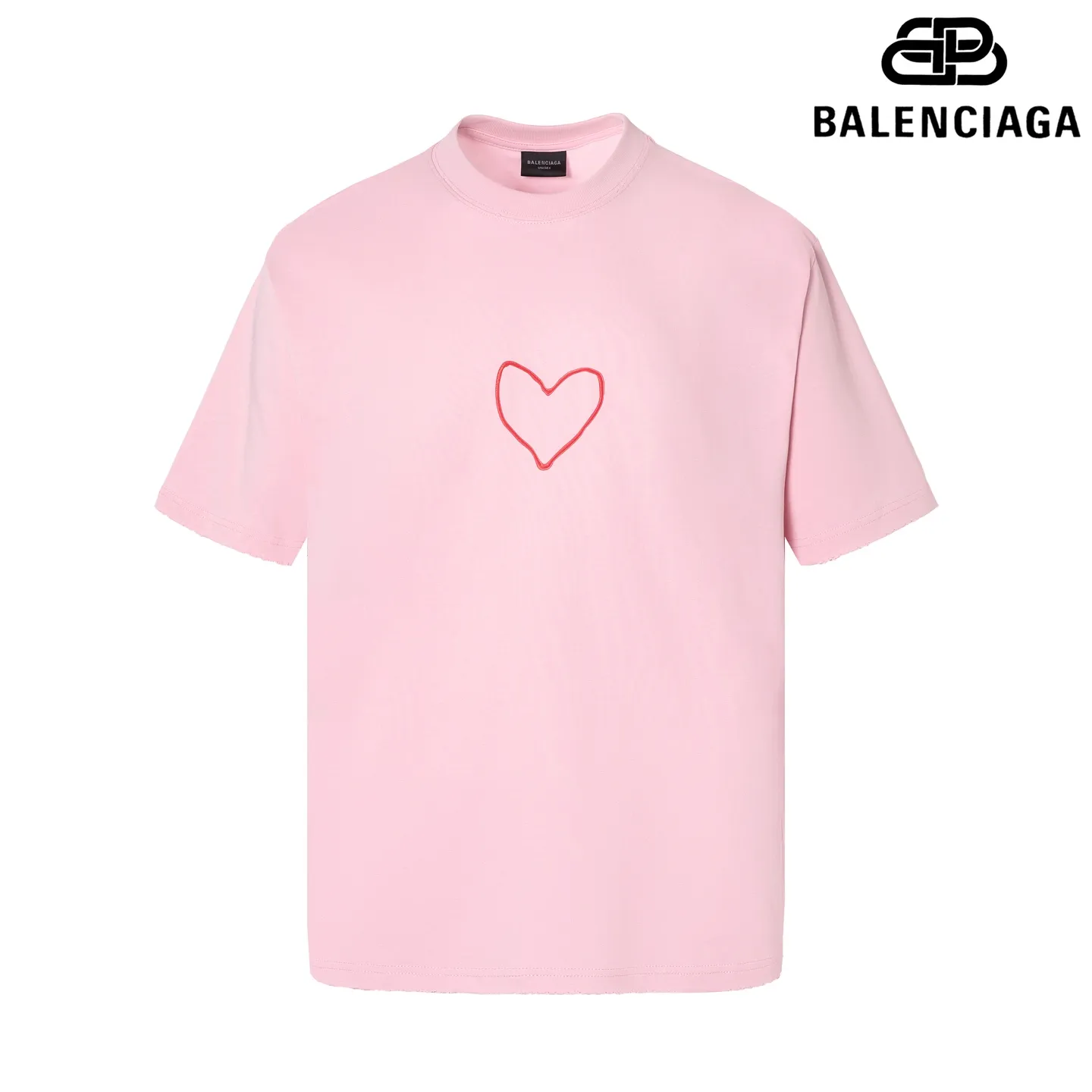 🅿️180 9159# Detailed picture Top version [[BALENCIA*GA] official website quality Paris's new Chinese Valentine's Day limited love LOGO printed short-sleeved T-shirt OS version Loose dropped shoulders Unisex style Fabric: 280 grams 100% cotton double yarn (three washing processes) Process: front and rear panel printing Garment wash Frayed Distressed Shape solid Color: Black Pink Size: XS S M L