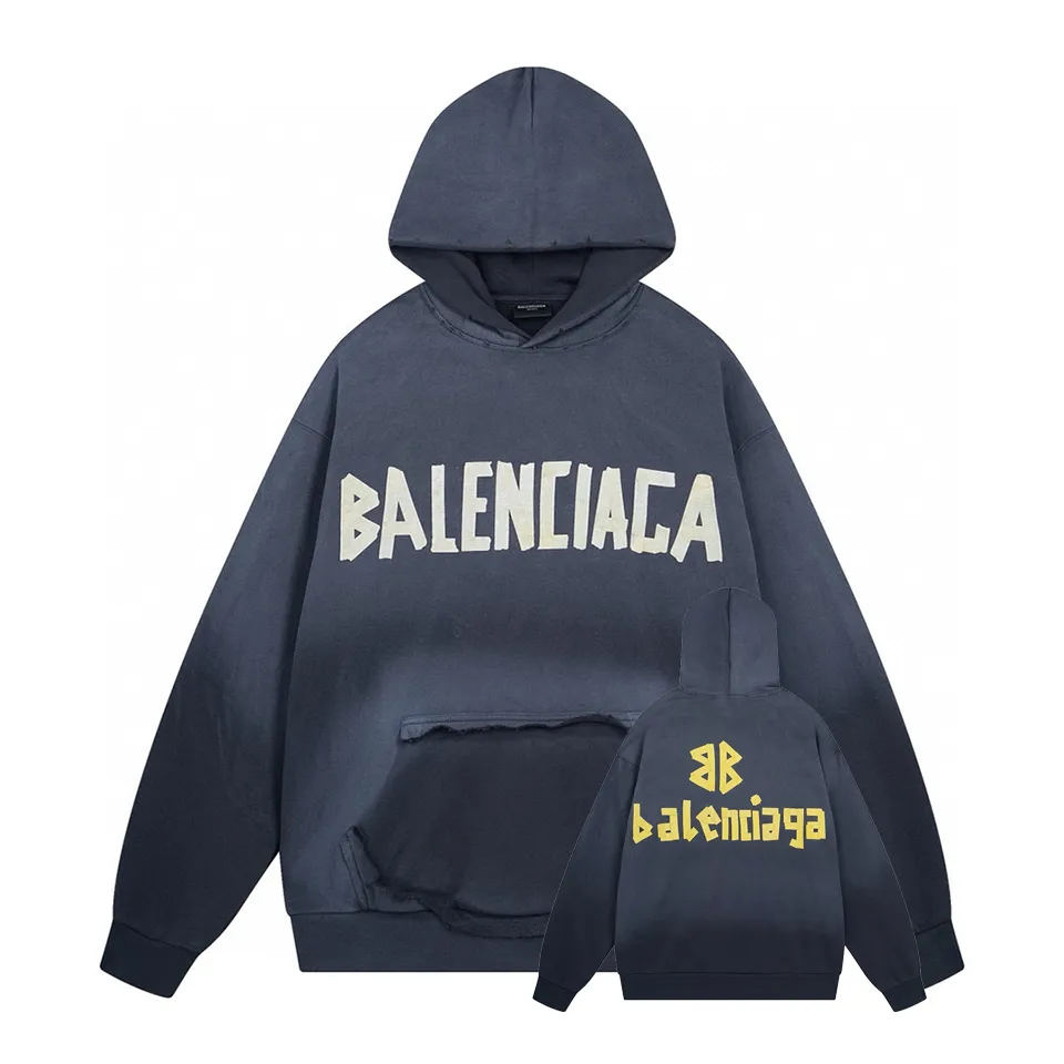 🅿️420 - BALENCI*GA 24ss Paris hot-selling tape hooded sweatshirt. The front and back panels are printed with tape direct printing. Many hand-made grinding. The ready-made clothes are washed and worn. The cloth surface is clean. The cloth pattern is clear, super heavy work. Soft and comfortable. Exclusively pattern-woven and dyed 450g fabric. Threads are dyed in the same vat with zero color difference. Different from the market currency. The version adopts os loose shoulder version. Welcome to compare, same style for men and women. -Color: Iron gray blue, Paris blue, washed black, burgundy, fluorescent yellow, green, khaki -SIZE: XS S M L style number 8912#