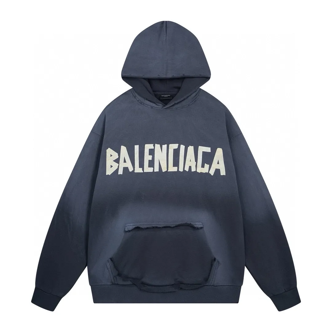 🅿️420 - BALENCI*GA 24ss Paris hot-selling tape hooded sweatshirt. The front and back panels are printed with tape direct printing. Many hand-made grinding. The ready-made clothes are washed and worn. The cloth surface is clean. The cloth pattern is clear, super heavy work. Soft and comfortable. Exclusively pattern-woven and dyed 450g fabric. Threads are dyed in the same vat with zero color difference. Different from the market currency. The version adopts os loose shoulder version. Welcome to compare, same style for men and women. -Color: Iron gray blue, Paris blue, washed black, burgundy, fluorescent yellow, green, khaki -SIZE: XS S M L style number 8912#