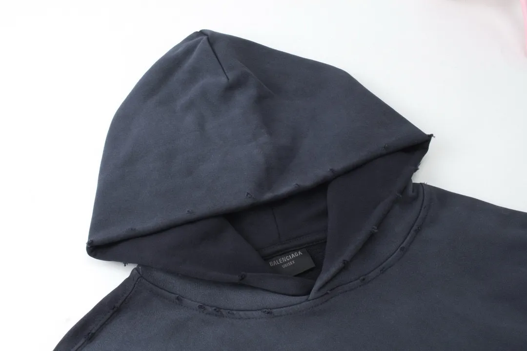 🅿️420 - BALENCI*GA 24ss Paris hot-selling tape hooded sweatshirt. The front and back panels are printed with tape direct printing. Many hand-made grinding. The ready-made clothes are washed and worn. The cloth surface is clean. The cloth pattern is clear, super heavy work. Soft and comfortable. Exclusively pattern-woven and dyed 450g fabric. Threads are dyed in the same vat with zero color difference. Different from the market currency. The version adopts os loose shoulder version. Welcome to compare, same style for men and women. -Color: Iron gray blue, Paris blue, washed black, burgundy, fluorescent yellow, green, khaki -SIZE: XS S M L style number 8912#