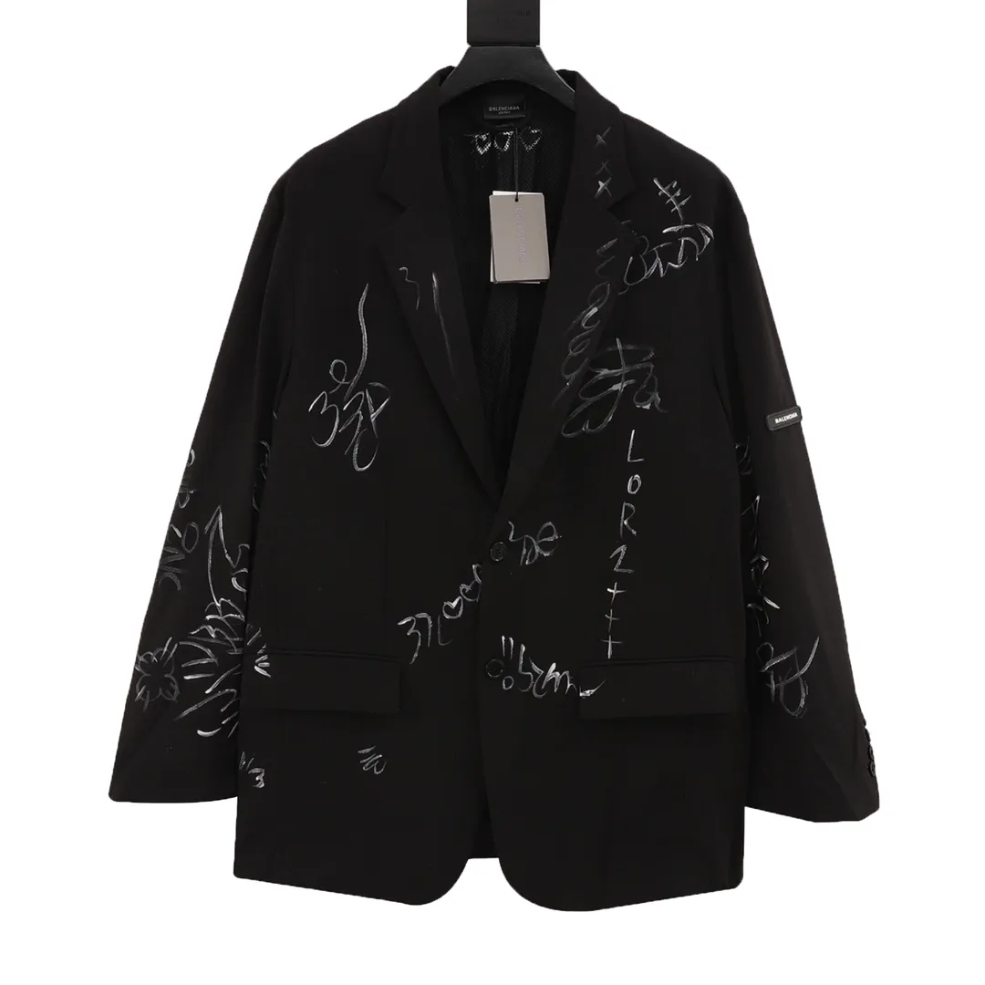 🅿️740 Balenciaga/Balenciaga New Graffiti Jacket Suit Made of wool fabric imported from Italy, large-profile cut with lapel collar shoulder pads, left sleeve decorated with b logo rubber label Ready-to-wear, fully handmade graffiti painting, unisex style, same style for men and women, purchasing version: black gray Size: S-L
