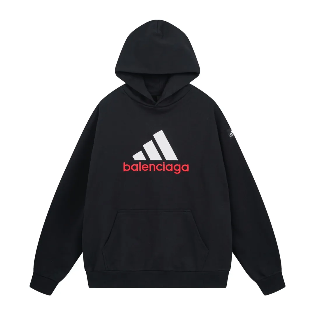 🅿️330 Detailed picture [Top version. Official website quality] BALENCI*GA/Paris co-branded Adidas classic LOGO combination on the front, embroidered hooded sweatshirt. The fabric is made of Paris ZP custom-woven and dyed cotton double yarn. Weighing 450 grams, the cloth surface is clean. The cloth pattern is clear, soft and comfortable. The color fastness is good. It is not easy to change color. The threads are dyed with no color difference. The classic letter LOGO embroidery is embroidered using imported Tajima embroidery machine. The lines are clear and the effect is three-dimensional. Restored brick cabinets. The version adopts OS loose shoulder design. Same style for men and women. Code: BL238096 Color: Black Size: XS S M L