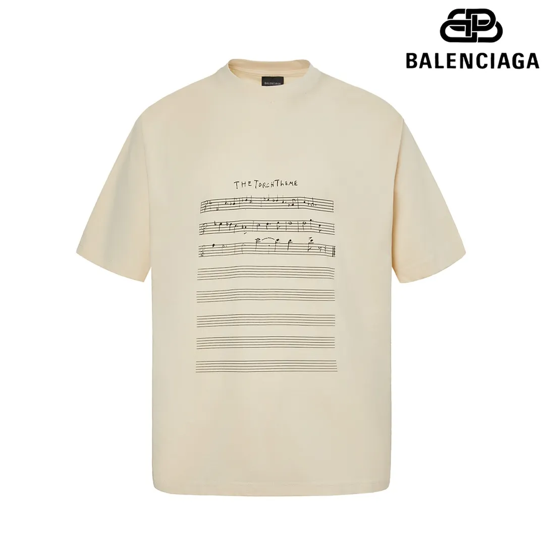 🅿️160 9111# Detailed picture Top version [[BALENCIA*GA] official website quality Paris new music special edition. Musical note short-sleeved T-shirt OS version Loose dropped shoulders Unisex style Fabric: 260g 100% cotton double yarn Craftsmanship: Front and back printing Garment wash Worn Distressed Styling Solid Color Color: Black Apricot Size: XS S M L