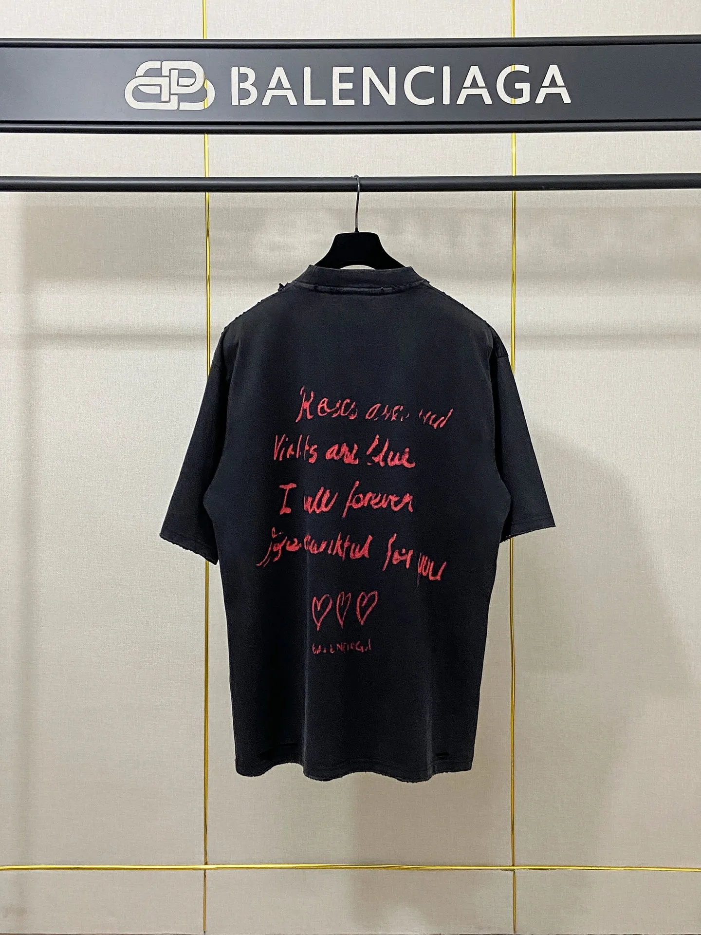 🅿️180 9189# Actual photo top version [[BALENCIA*GA] official website quality Paris's new Chinese Valentine's Day limited edition short-sleeved T-shirt OS version loose dropped shoulders Uniform style for men and women Fabric: 260g 100% cotton double yarn Technology: front and back digital direct printing Garment wash worn distressed fixed color Color: washed black off-white Size: XS S M L