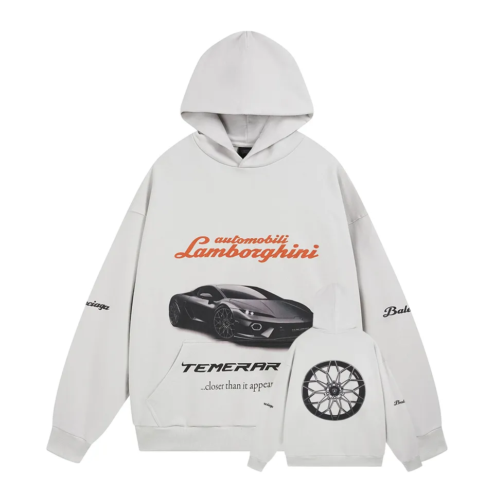 🅿️430 BALENCI*GA Paris co-branded Lamborghini hooded zipper sweatshirt. The front and rear embroidery printing is done by computer direct printing. Customized matching hardware. The letters are clear. The effect is three-dimensional. Exclusively matched to the pattern, woven and dyed 460g fabric. Threads are dyed in the same cylinder with zero color difference. Brick cabinet synchronization. Welcome to compare. Same style for men and women -Color: black white -SIZE: Xs S M L Style number 8985#