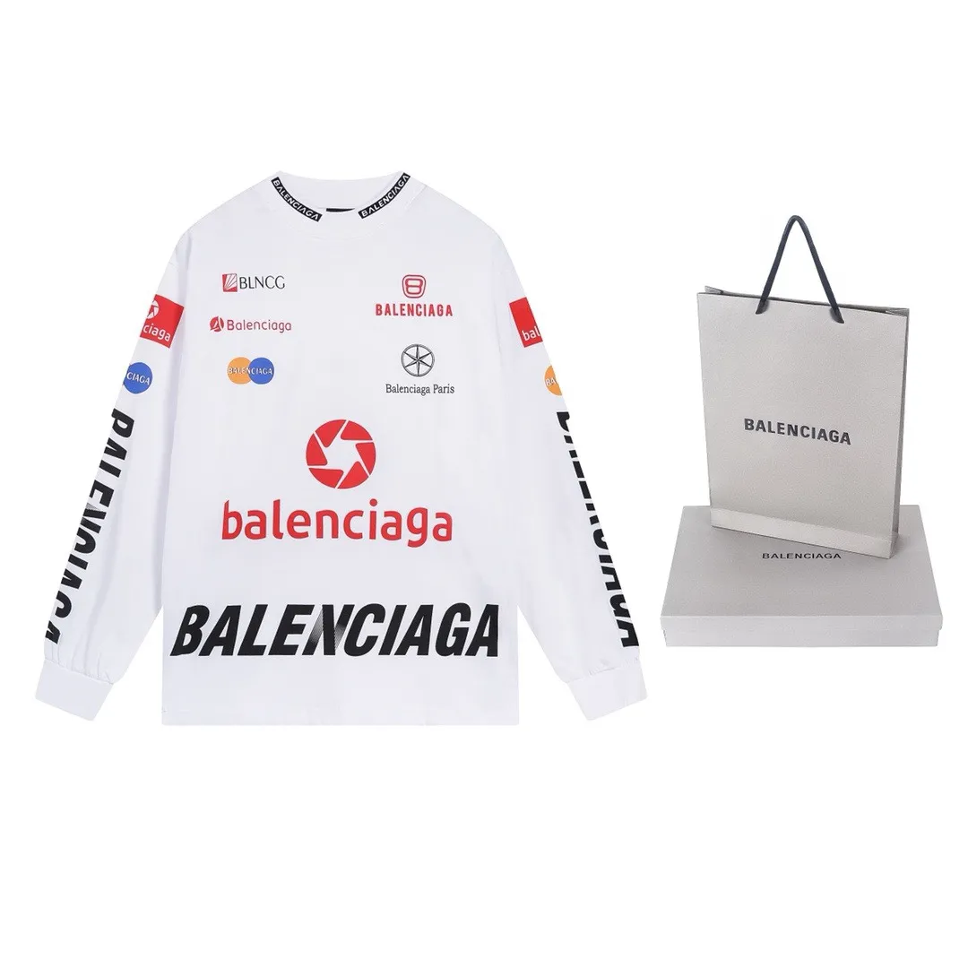 🅿️220 real photos [Top version. Official website quality] BALENCI*GA/Paris BALENCI*GA#2024 latest model, multiple LoGO classic prints, collar embroidery, ready-to-wear worn long-sleeved T-shirts. Brick cabinet synchronization. Genuine products are developed and developed in the first time. Welcome to compare! Notice! ️The authentic product is worn and worn throughout. The fabric is made of Paris ZP custom-woven and dyed 100% cotton with double yarns and compact cotton. The weight is 260 grams. The cloth surface is clean. The cloth pattern is clear. It is soft and comfortable. It has good color fastness and is not easy to change color. The threads are woven and dyed with no color difference. The printing is done by computer direct printing, and the rib embroidery on the front collar has a three-dimensional effect. The garment is distressed and worn, with ultra-high craftsmanship. The version adopts the OS loose shoulder style. Same style for men and women. Coding: BL225011 Color: white, dark gray blue Size: XS S M L