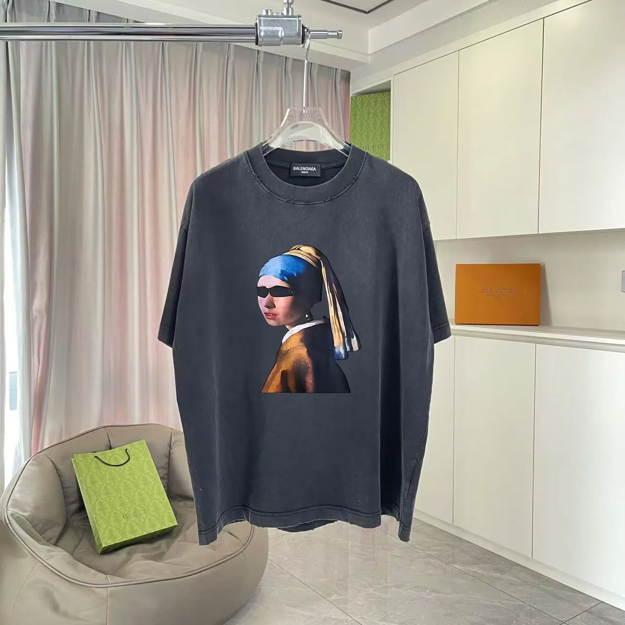 🅿️190 BALENCI*GA Paris 2025 summer new style, washed, distressed, spray-painted, personalized letter logo printing, customized fabric 320g, short-sleeved T-shirt, same style for men and women, size: S M L XL XXL five codes, color: black, white, gradient black, gradient red