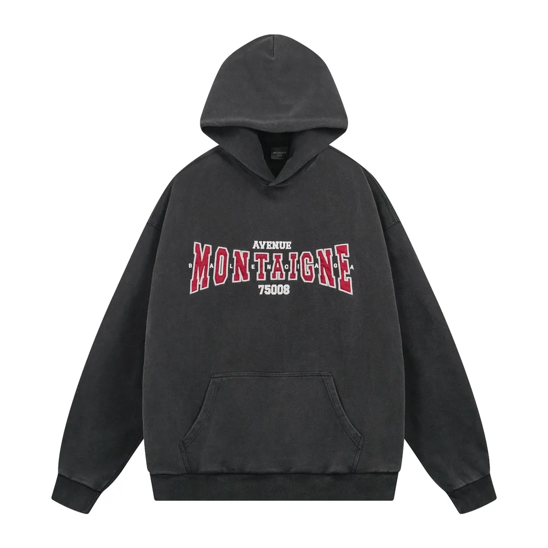🅿️320 real shots [Top version. Official website quality] BALENCI*GA/Paris. 2024 new model. Montaigne artistic 10,000-needle appliqué embroidery on the front, washed and distressed hooded sweatshirt. Brick cabinet synchronization. Genuine product developed at the first time, please print and compare! The fabric is made of Paris ZP custom-woven and dyed cotton terry sweatshirt. Weighing 460 grams, the cloth surface is clean. The cloth pattern is clear, soft and comfortable. The threads are dyed with no color difference. The embroidery is done using imported Tajima embroidery machines. The letters are clear and the effect is three-dimensional. The entire garment is washed and distressed. The version adopts OS loose shoulder design. Same style for men and women. Code: BL238910 Color: washed black Size: XS. S. M. L