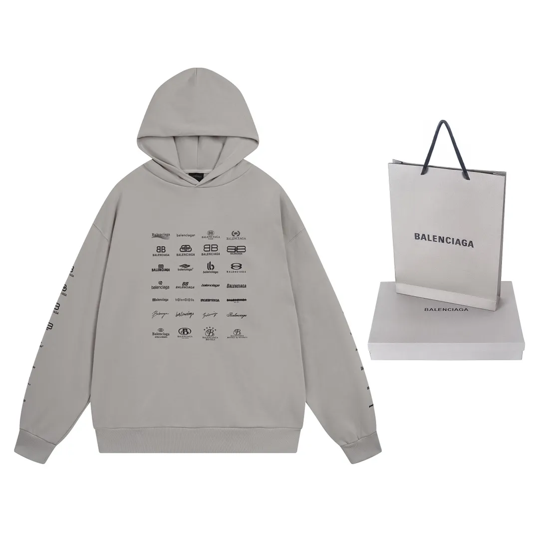 🅿️300 Detailed picture [Top version. Official website quality] BALENCI*GA/Paris BALENCI*GA#2023 spring and summer new style, long-sleeved sweatshirt with classic LOGO printed all over it. 2023 autumn and winter new product. Brick cabinet synchronization. The fabric is made of Paris ZP custom-woven and dyed cotton double yarn sweatshirt. The weight is 450 grams, the cloth surface is clean. The cloth texture is clear. Soft and comfortable. Good color fastness. Not easy to change color. The threads are woven and dyed with no color difference. The printing uses imported environmentally friendly rubber paddles, precision stencils, fine LOGO letters, clear letters, no burrs, and a three-dimensional effect. Restore brick cabinet. The version adopts OS loose shoulder style. Same style for men and women. Code: BL238002 Color: black, beige, pink, smoke gray. Size: XS S M L