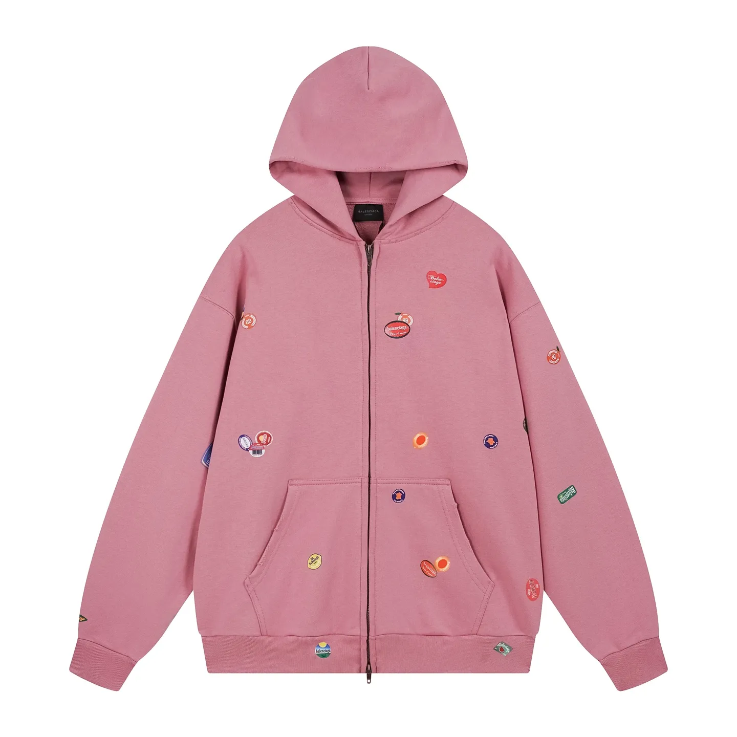 🅿️450 - BALENCI*GA Paris fruit pattern Vintage hooded zipper sweatshirt. Growth positioning fixed point computer spray printing and embossing. Manual master positioning and fixed point grinding. Customized matching hardware. Clear letters. Three-dimensional effect. Exclusive pattern matching, custom weaving and dyeing 460g fabric. Threads are dyed in the same cylinder with zero color difference. Brick cabinet synchronization. Welcome to compare. Same style for men and women -Color: gray pink -SIZE: Xs S M L Style number 8979#