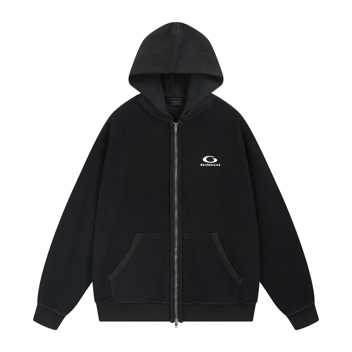 🅿️390 - BALENCI*GA Paris reverse embroidered washed distressed hooded zipper sweatshirt. The front and back embroidery is reverse embroidered with imported Tajima embroidery machine. The garment is stitched on the reverse. Ready-made garments are washed. Customized matching hardware. The letters are clear. The effect is three-dimensional. Exclusively pattern-woven and dyed 460g fabric. Threads are dyed in the same vat with zero color difference. Brick cabinet synchronization. Welcome to compare. Same style for men and women -Color: washed black -SIZE: Xs S M L style number 8993#