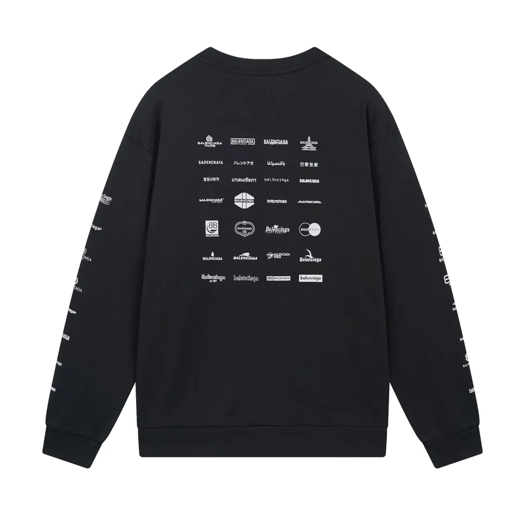 🅿️250 Detailed picture [Top version. Official website quality] BALENCI*GA/Paris BALENCI*GA# 2024 spring and summer new style, long-sleeved round neck sweatshirt with classic LOGO printed all over it. 2024 spring and summer new product. Brick cabinet synchronization. Welcome to compare. The fabric is made of Paris ZP custom-woven and dyed cotton sweatshirt. The weight is 450 grams, the cloth surface is clean, the cloth texture is clear, soft and comfortable. The color fastness is good. It is not easy to change color. The threads are woven and dyed with no color difference. The printing uses imported environmentally friendly rubber paddles, precision stencils, fine LOGO letters, clear letters, no burrs, and a three-dimensional effect. Restore brick cabinet. The version adopts OS loose shoulder style. Same style for men and women. Code: BL235563 Color: black, Mi Xing Size: XS S M L