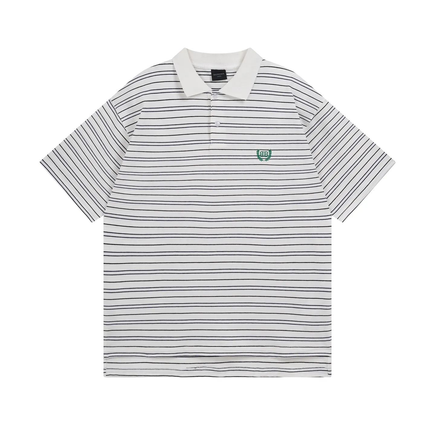 🅿️220 real photos [Top version. Official website quality] BALENCI*GA/Paris #2025 new simple striped chest embroidered POLO shirt, full of design, seamless side strips, heavy production.  Welcome to compare. The fabric is made of Paris ZP custom-woven and dyed cotton pique, with a weight of 260 grams. The cloth surface is clean. The cloth pattern is clear, soft and comfortable. The threads are woven and dyed with no color difference. The embroidered LOGO is embroidered using imported Tajima embroidery machine. The effect is three-dimensional. Restore brick cabinet, adopt OS loose shoulder style. Same style for men and women. Code: BL252206 Color: blue, white Size: XS S M L