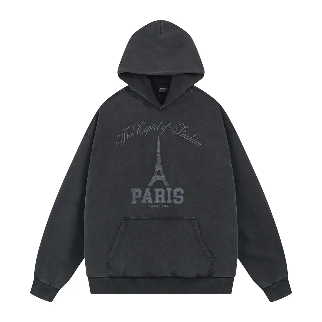 🅿️320 real shots [Top version. Official website quality] BALENCI*GA/Paris. 2024 new model. Front iron tower art print washed and distressed hooded sweatshirt. Brick cabinet synchronization. Genuine product developed at the first time, please print and compare! The fabric is made of Paris ZP custom-woven and dyed cotton sweatshirt. Weighing 460 grams, the cloth surface is clean. The cloth pattern is clear, soft and comfortable. The threads are dyed with no color difference. The printing is made of environmentally friendly imported materials. The letters are clear and the effect is three-dimensional. The entire garment is washed and distressed. The version adopts OS loose shoulder design. Same style for men and women. Code: BL238909 Color: washed black Size: XS. S. M. L