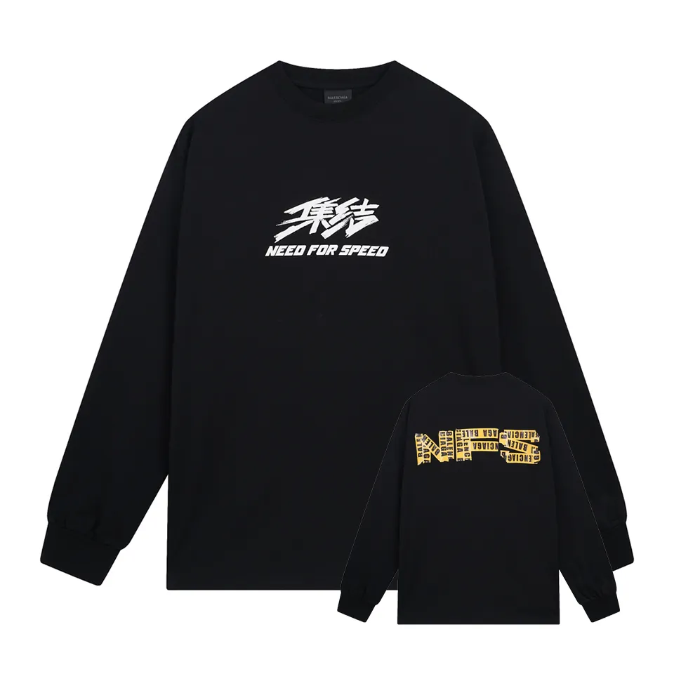 🅿️250 BALENCI*GA Paris ⅹ "Need for Speed: Assemblage" co-branded direct-injection printed long-sleeved fabric uses 280g Paris-specific double yarns with a high weight of 1:1 double yarn rib. The front and rear panels use imported Kornit machine direct-injection printing technology. Two high-temperature setting washes. os dropped shoulders, loose version, same style for men and women -Color: ivory white black -SIZE: XS S M L Style No. 8601#
