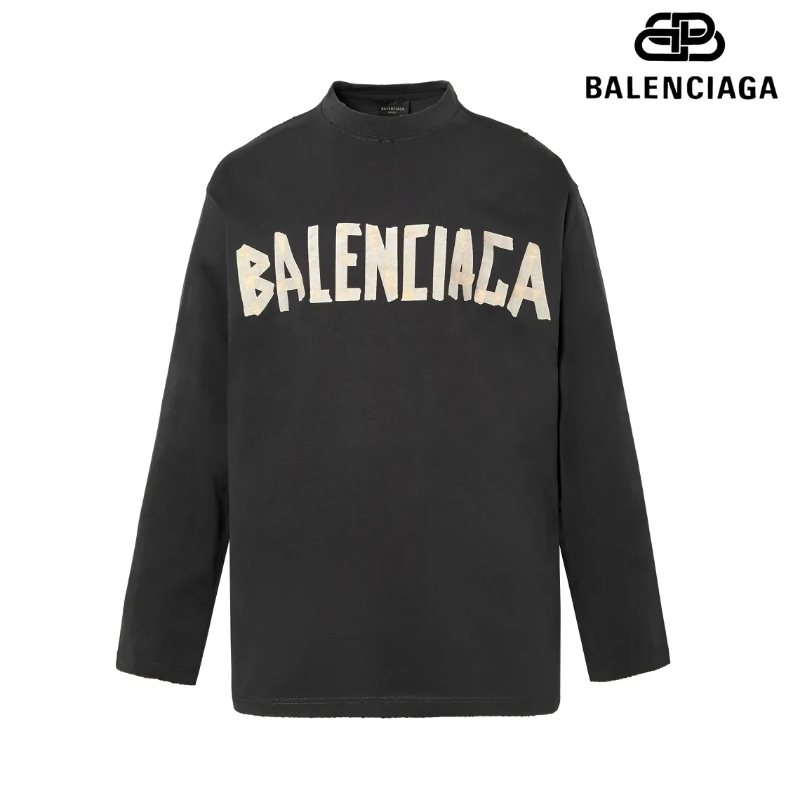 🅿️200 8110# Detailed picture Top version [[BALENCIA*GA] official website quality Paris new yellow tape digital direct spray long-sleeved T-shirt OS version Loose dropped shoulders Unisex fabric: 260g 100% cotton double yarn Process: front and rear digital direct spray Garment wash worn distressed fixed color solid Color: gray blue black white washed blue wine red green Size: XS S M L