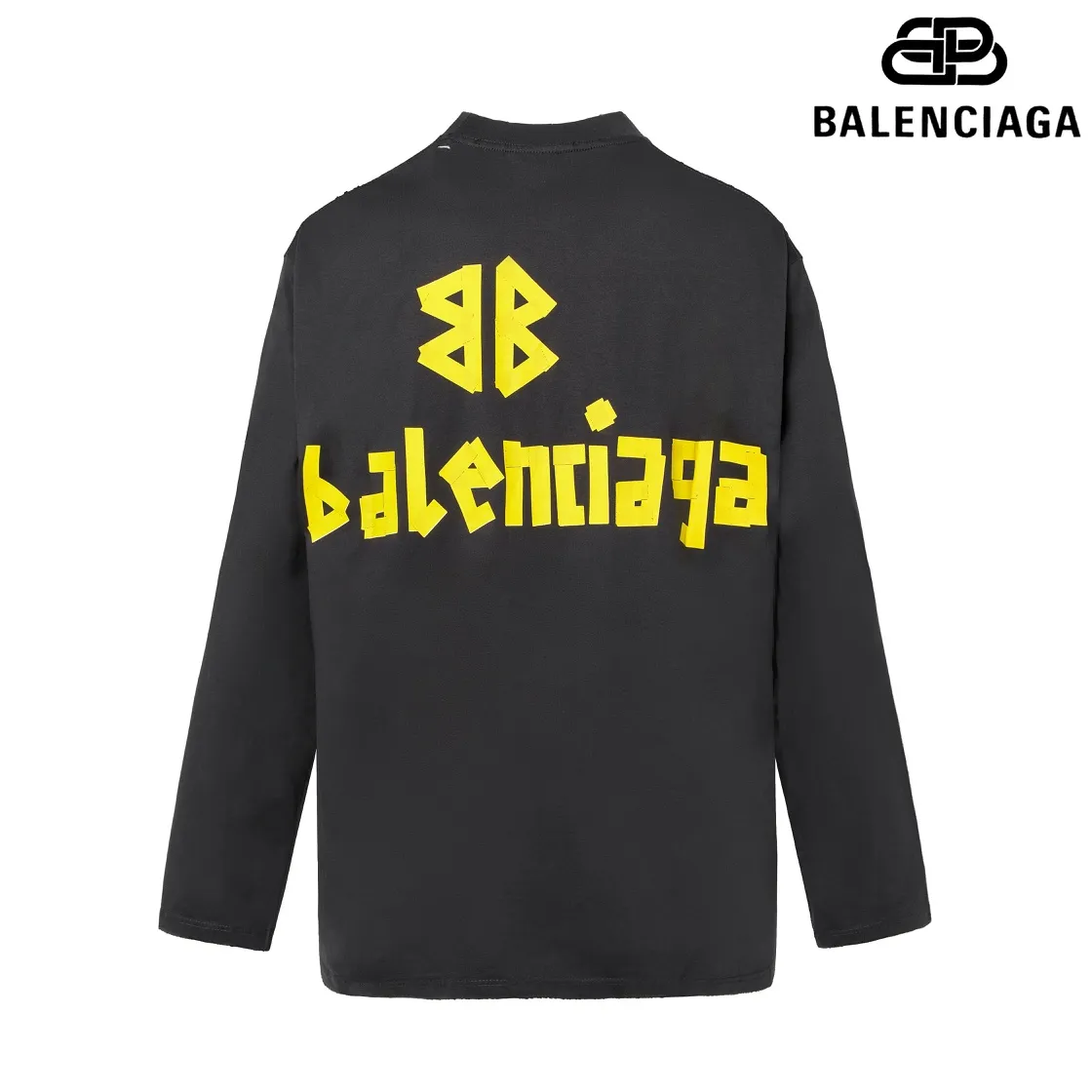 🅿️200 8110# Detailed picture Top version [[BALENCIA*GA] official website quality Paris new yellow tape digital direct spray long-sleeved T-shirt OS version Loose dropped shoulders Unisex fabric: 260g 100% cotton double yarn Process: front and rear digital direct spray Garment wash worn distressed fixed color solid Color: gray blue black white washed blue wine red green Size: XS S M L