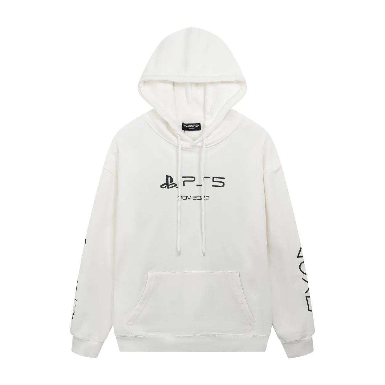 🅿️296 Detailed picture [Top version. Official website quality] BALENCI*GA/Paris. Classic model 22SS #BALENCI*GA / PlayStation co-branded. Ps5 letter geometric pattern printed hooded long-sleeved sweatshirt. Autumn and winter brick cabinet synchronization. The fabric is made of Paris ZP custom-woven and dyed 100% cotton double-yarn large sweater. The net weight is 460 grams. The cloth surface is clean. The cloth pattern is clear, soft and comfortable. The threads are woven and dyed with no color difference. The classic letter pattern is made of precision mesh. Imported environmentally friendly rubber paddle printing, the letters are clear. The effect is three-dimensional, restoring the brick cabinet, and the version adopts the OS loose shoulder style. Same style for men and women Coding: BL238085 Color: Black. White Size: XS S M L