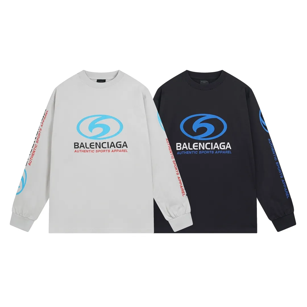 🅿️220 real photos [Top version. Official website quality] BALENCI*GA/Paris. 2024 new model. Paris surf pattern letter printing straight split long-sleeved T-shirt, brick cabinet synchronization. Genuine product developed at the first time, happy to print and compare! The fabric is made of Paris ZP custom-woven and dyed cotton double yarn. Weighing 260 grams, the cloth surface is clean. The cloth pattern is clear, soft and comfortable. The threads are dyed with no color difference. The classic LOGO is printed using environmentally friendly imported materials with clear pattern letters and a three-dimensional effect. Restored brick cabinet. Ready-made garments are washed, worn and distressed. Different market currency. Welcome to compare. The version adopts OS loose shoulder style. Same style for men and women. Code: BL225033 Color: gray blue, apricot, size: XS S M L