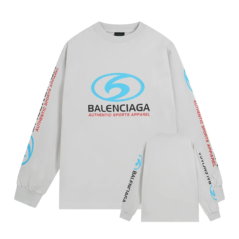 🅿️250 BALENCI*GA Paris surfing pattern long sleeves with letters. The fabric is made of Paris custom-woven double yarn cotton fabric. The weight is 280g. The thread is custom-woven and dyed without color difference. The front and back panels are made of environmentally friendly dot offset printing. Two high-temperature setting washes. os dropped shoulders and loose version. Same style for men and women -Color: gray blue beige -SIZE: XS S M L Style No. 8611#