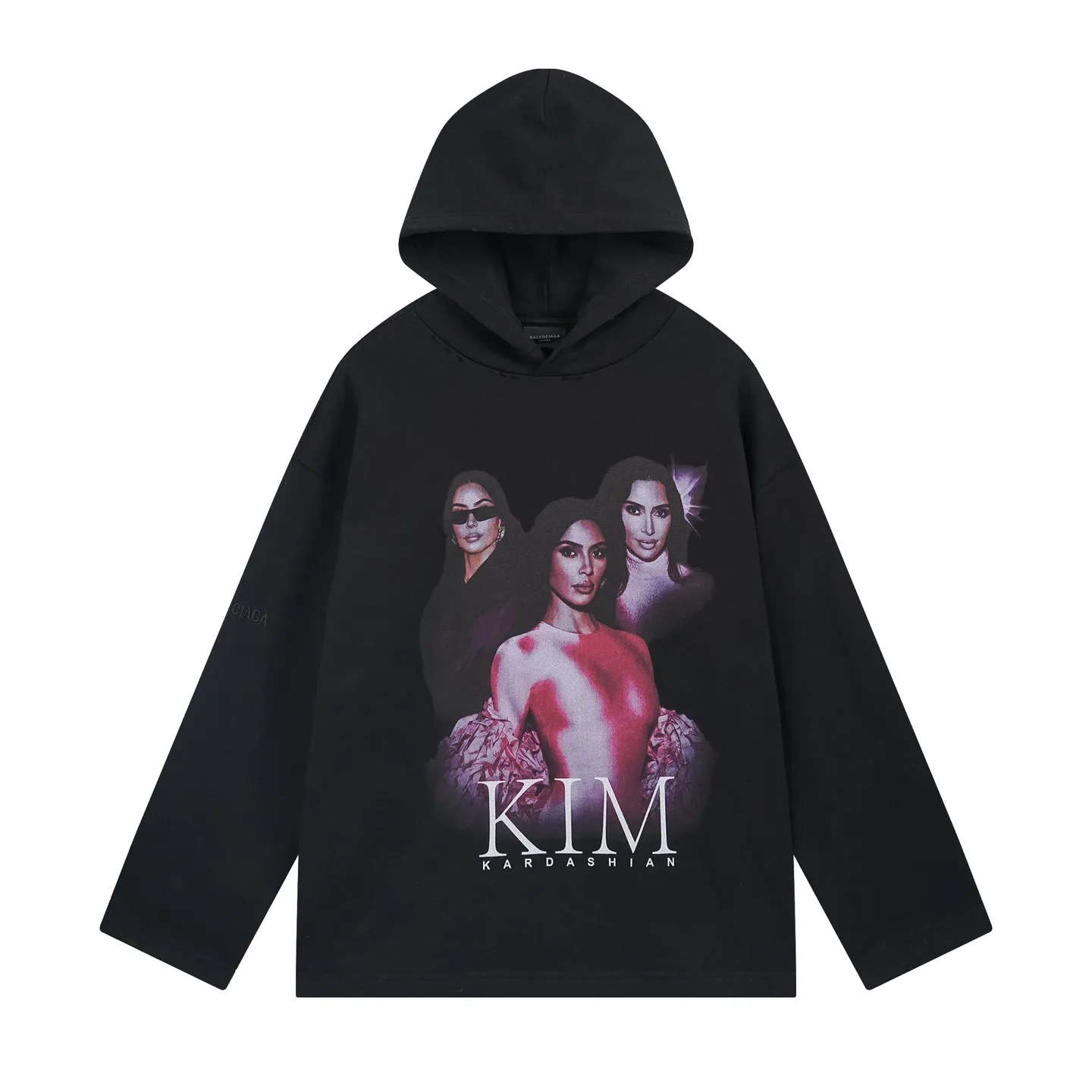 🅿️370 BALENCI*GA Paris Kardashian portrait art style hooded long-sleeved sweatshirt. The front pattern is printed by computer direct printing. The ready-to-wear is washed and worn. Customized matching hardware. The letters are clear. The effect is three-dimensional. Exclusively pattern-woven and dyed 460g fabric. Threads are dyed in the same vat with zero color difference. Brick cabinet synchronization. Welcome to compare. Same style for men and women -Color: Black -SIZE: Xs S M L Style No. 8971#